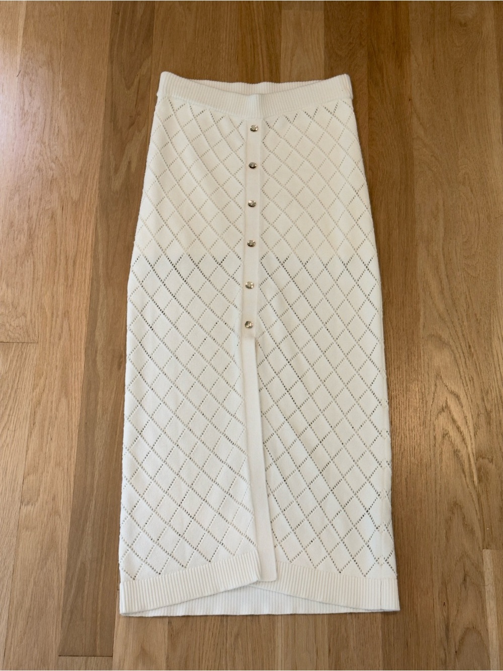 Hevron Cream Cotton Cashmere Openwork Knit Midi Skirt, small